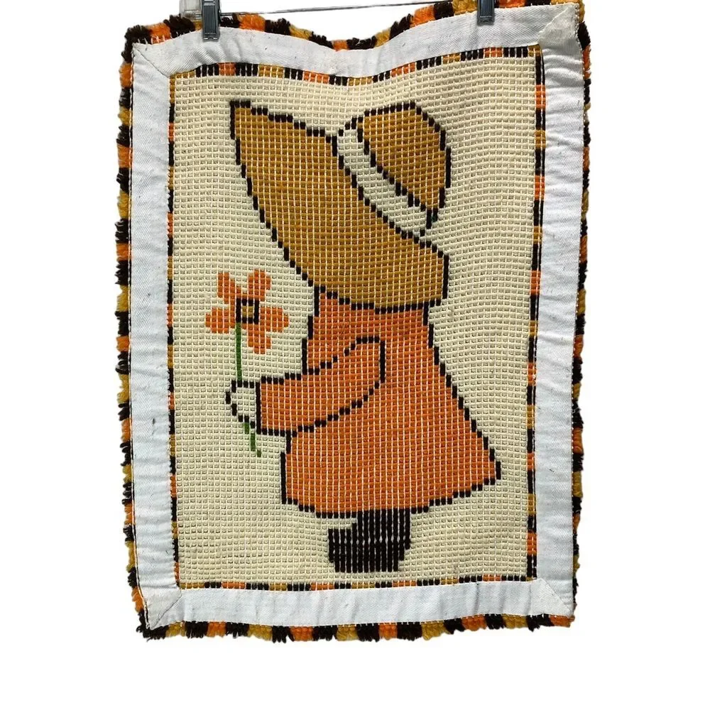 Vtg 1970's  Flower Girl Holly Hobbie‎ Rug 19.5 x 26.5 MCM Decor Orange Brown